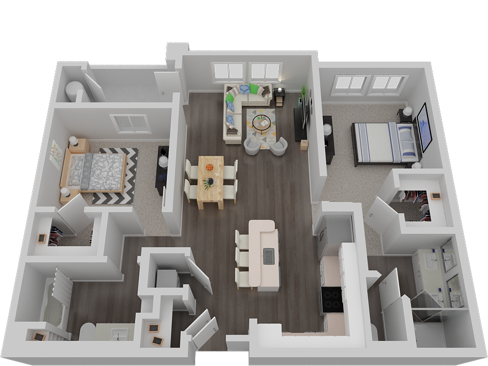 Floor plan for 2 beds, 2 baths, 1077 sqft